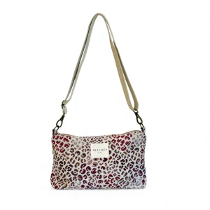 Bolso Clutch Talco De La Mur jacquard leopardo rosa y lila con asa ajustable beige y asa de muñeca – 29x17x5 cm