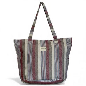 Bolsa Shopper Bosque De La Mur grande jacquard a rayas granate y azul con cremallera y asas al hombro – 51x37x22 cm