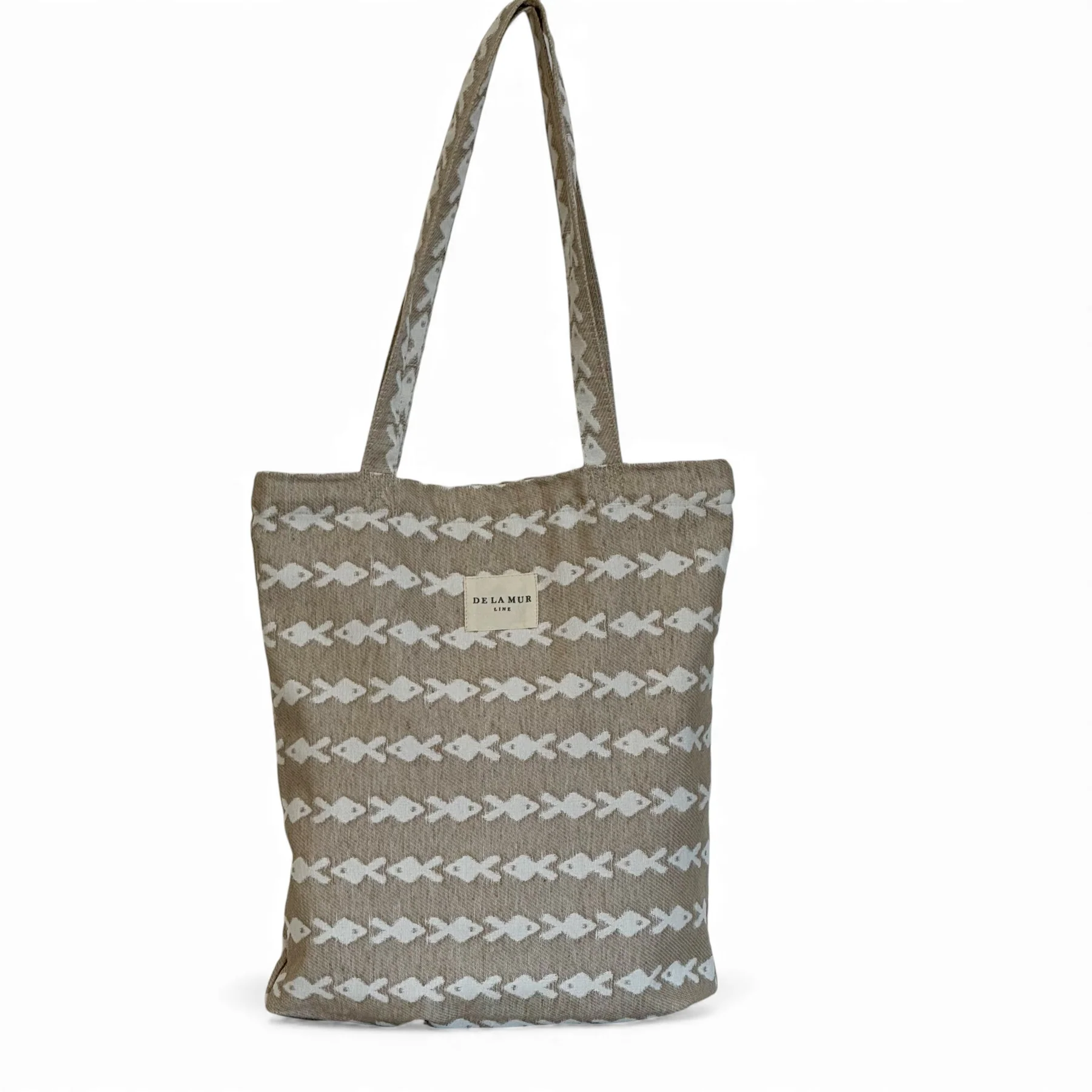 BOSPCPESC Tote Bag Pesc De La Mur de jacquard beige con peces crudo, asas al hombro y cremallera – 35x36x9 cm