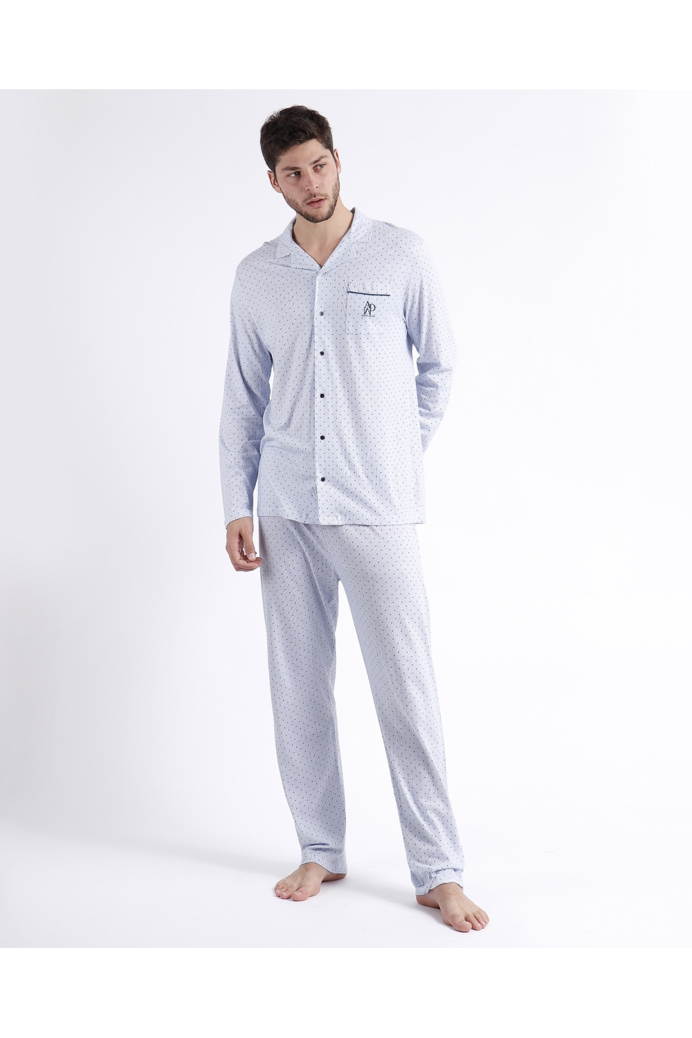 admas-classic-pijama-abierto-manga-larga-stripes-dots-para-hombre-azul Pijama Verano Admas abierto